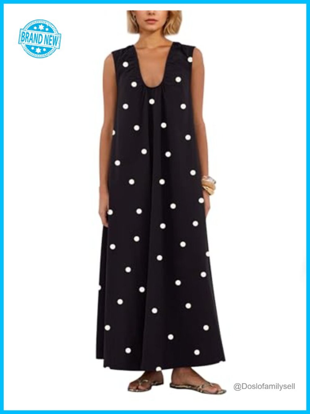 Sleeveless Maxi Dress Ruched Scoop Neck with Pockets Summer Casual